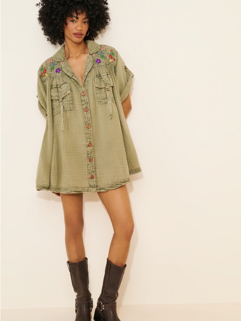 Free People Olive Green Embroidered Mini Dress